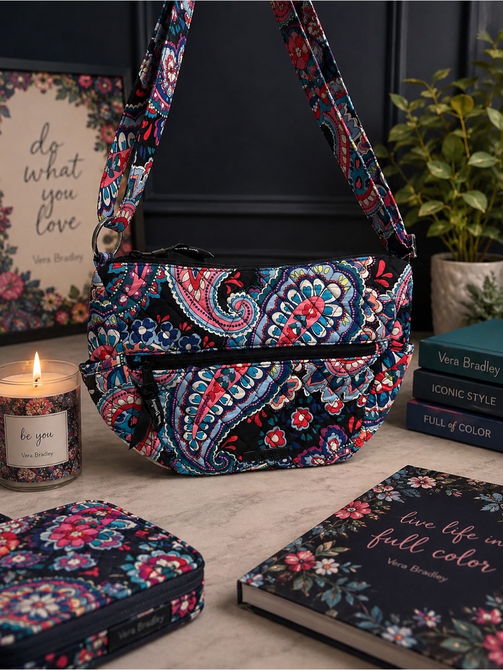 Vera Bradley Black Paisley Quilted Crossbody with Pink & Blue Accents
